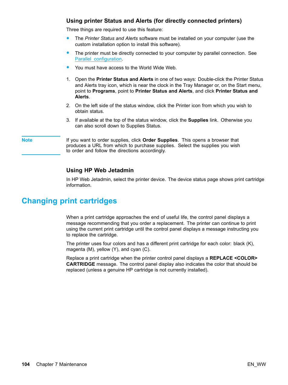 Using hp web jetadmin, Changing print cartridges | HP Color LaserJet 5500 Printer series User Manual | Page 114 / 224