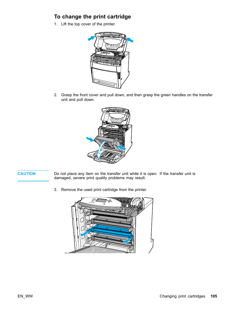 To change the print cartridge | HP Color LaserJet 5500 Printer series User Manual | Page 115 / 224