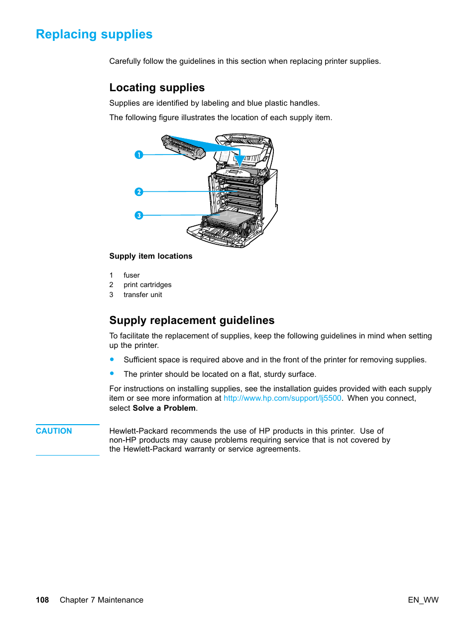 Replacing supplies, Locating supplies, Supply replacement guidelines | 108 supply replacement guidelines | HP Color LaserJet 5500 Printer series User Manual | Page 118 / 224