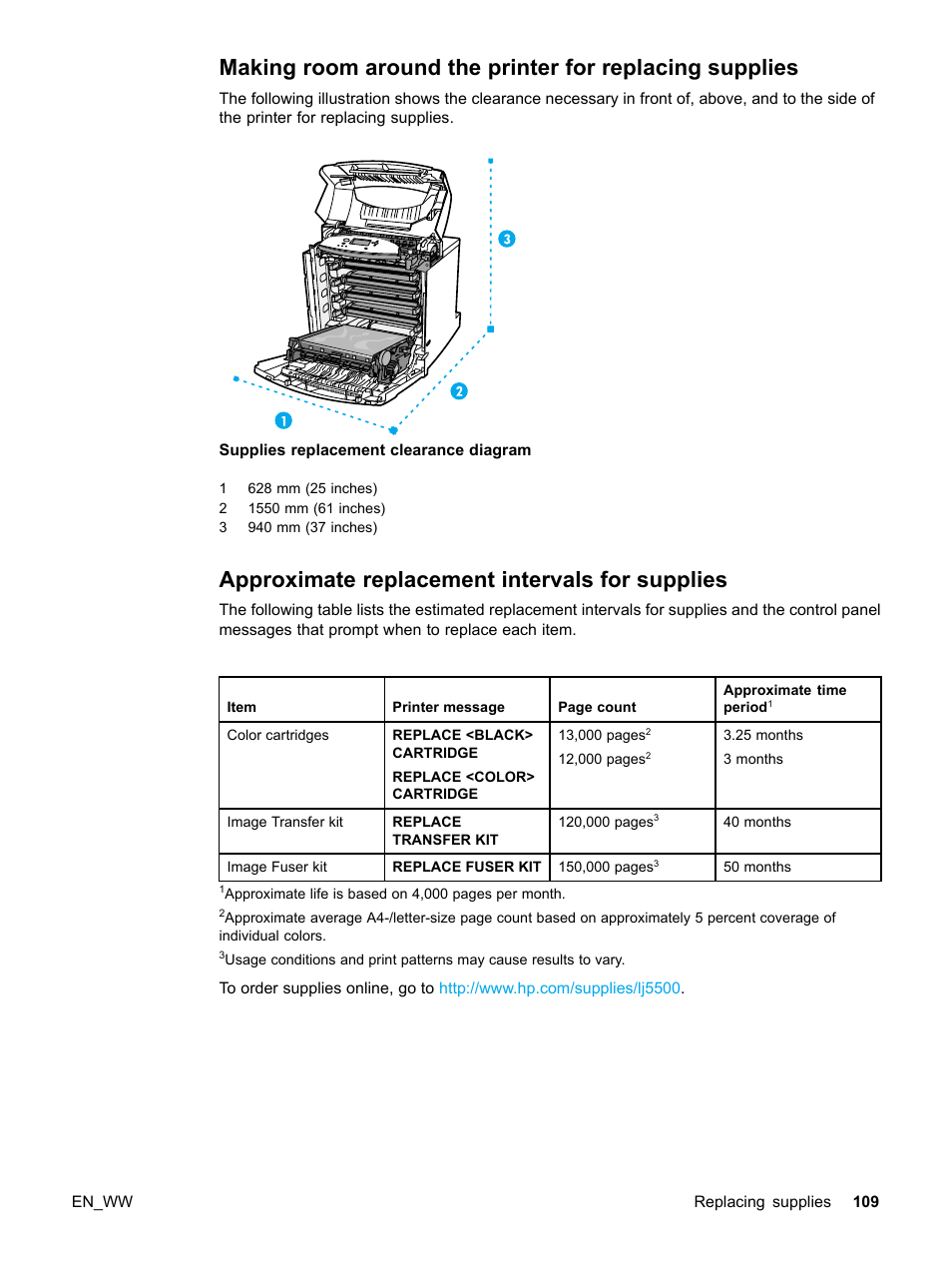 Approximate replacement intervals for supplies, 109 approximate replacement intervals for supplies | HP Color LaserJet 5500 Printer series User Manual | Page 119 / 224