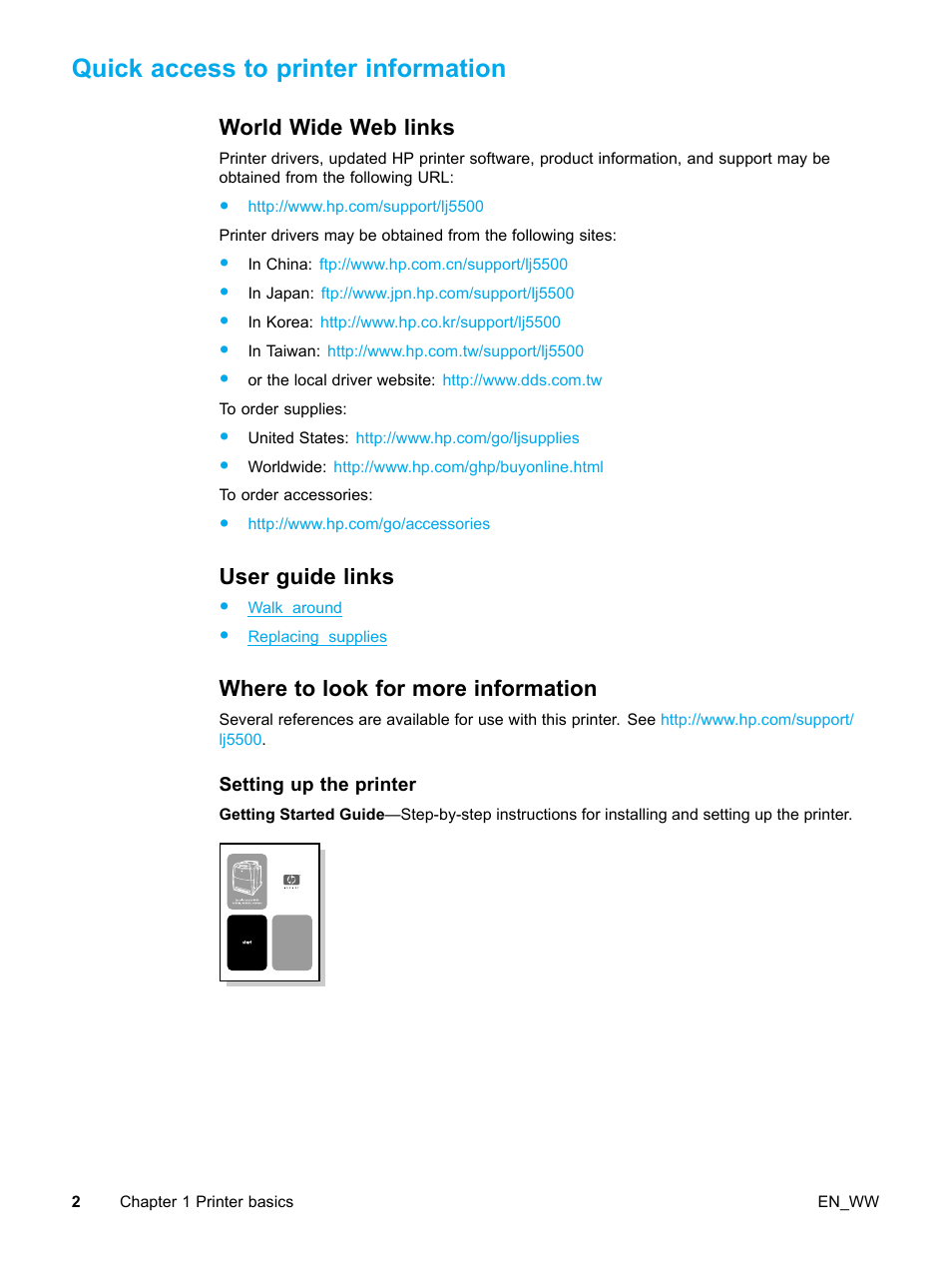 Quick access to printer information, World wide web links, User guide links | Where to look for more information, Setting up the printer, 2 user guide links, 2 where to look for more information | HP Color LaserJet 5500 Printer series User Manual | Page 12 / 224