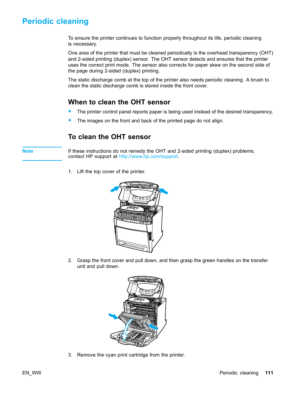 Periodic cleaning, When to clean the oht sensor, To clean the oht sensor | 111 to clean the oht sensor | HP Color LaserJet 5500 Printer series User Manual | Page 121 / 224