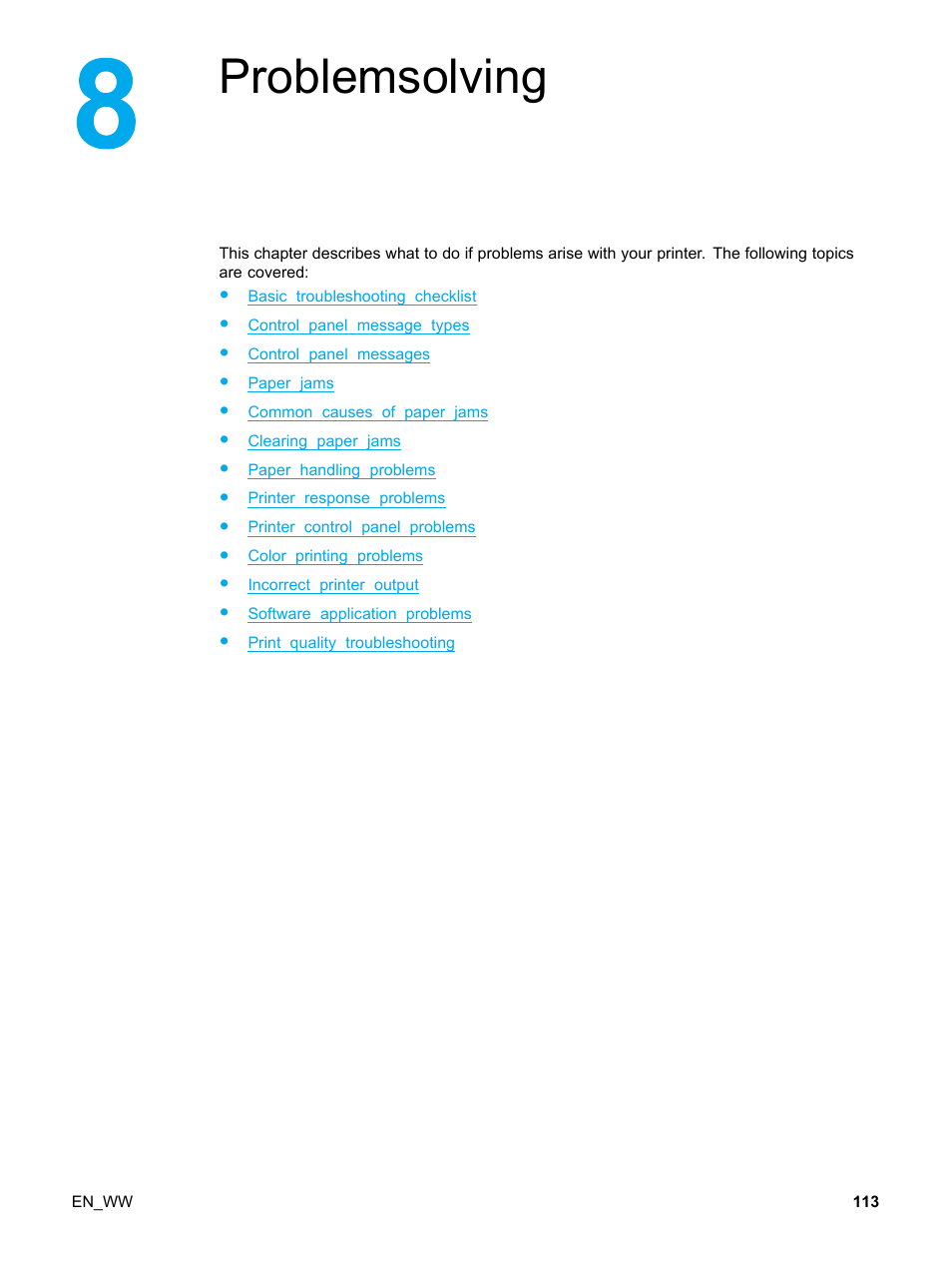 8 problemsolving, Problemsolving | HP Color LaserJet 5500 Printer series User Manual | Page 123 / 224