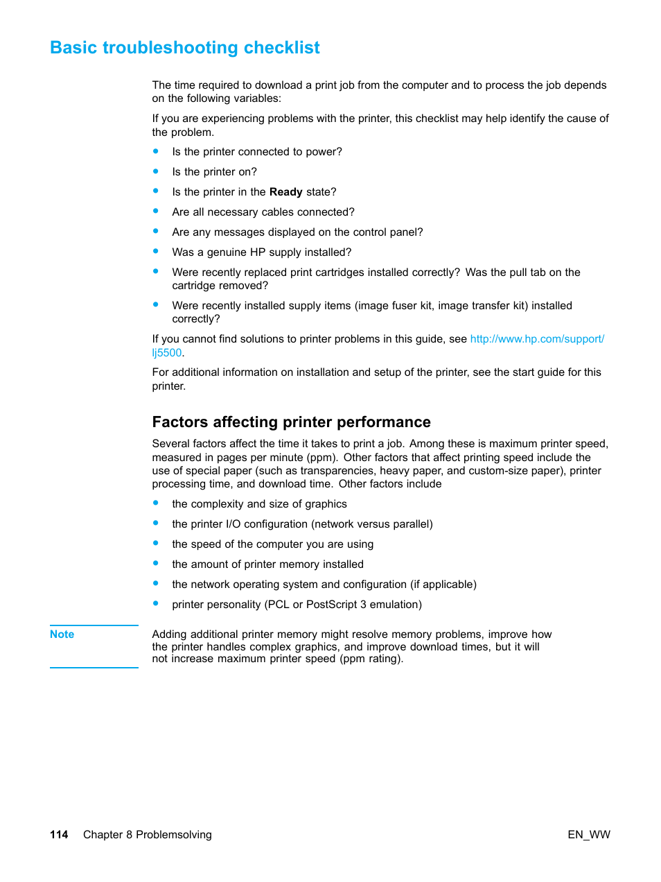 Basic troubleshooting checklist, Factors affecting printer performance | HP Color LaserJet 5500 Printer series User Manual | Page 124 / 224