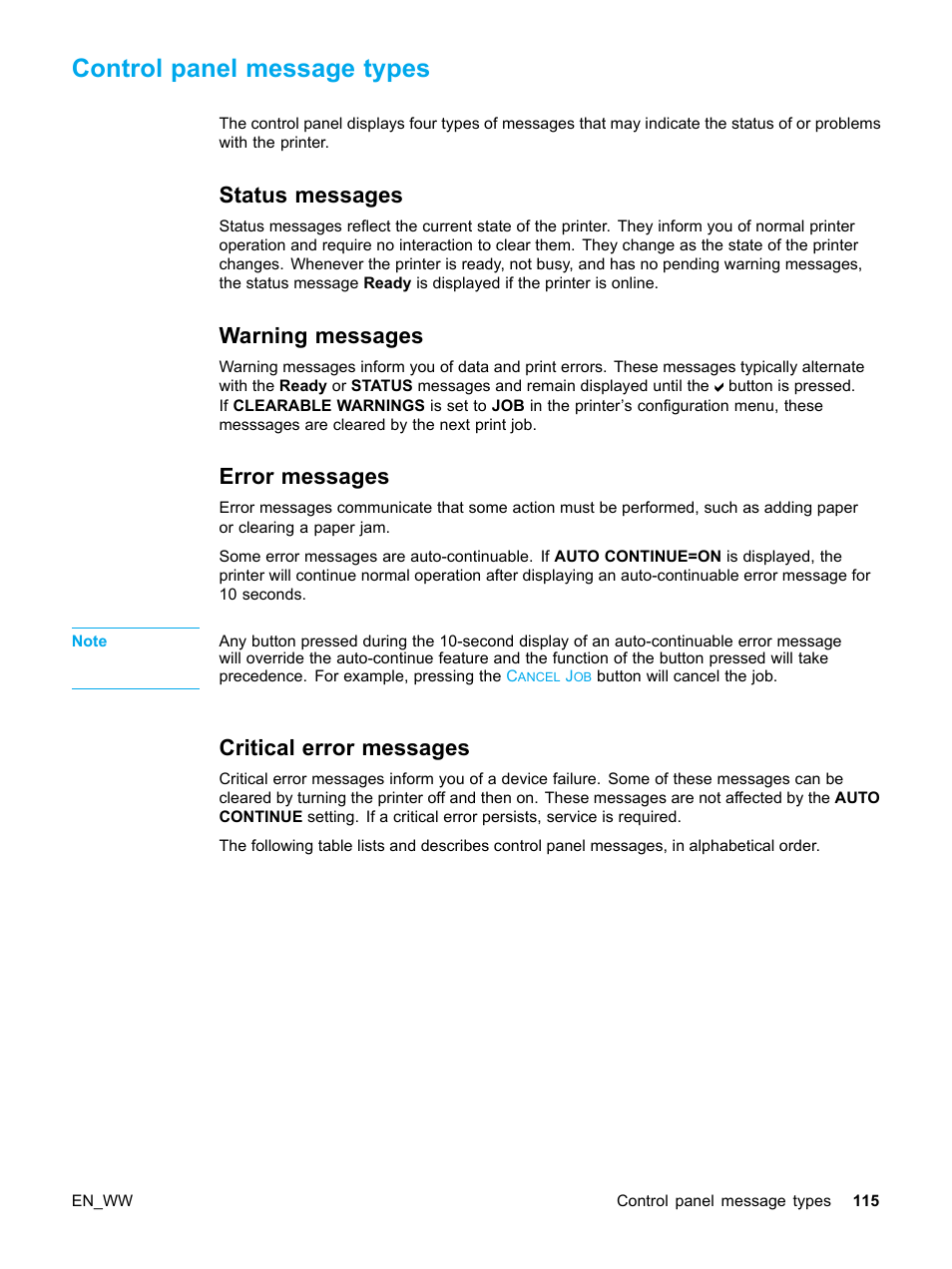 Control panel message types, Status messages, Warning messages | Error messages, Critical error messages, 115 warning messages, 115 error messages, 115 critical error messages | HP Color LaserJet 5500 Printer series User Manual | Page 125 / 224