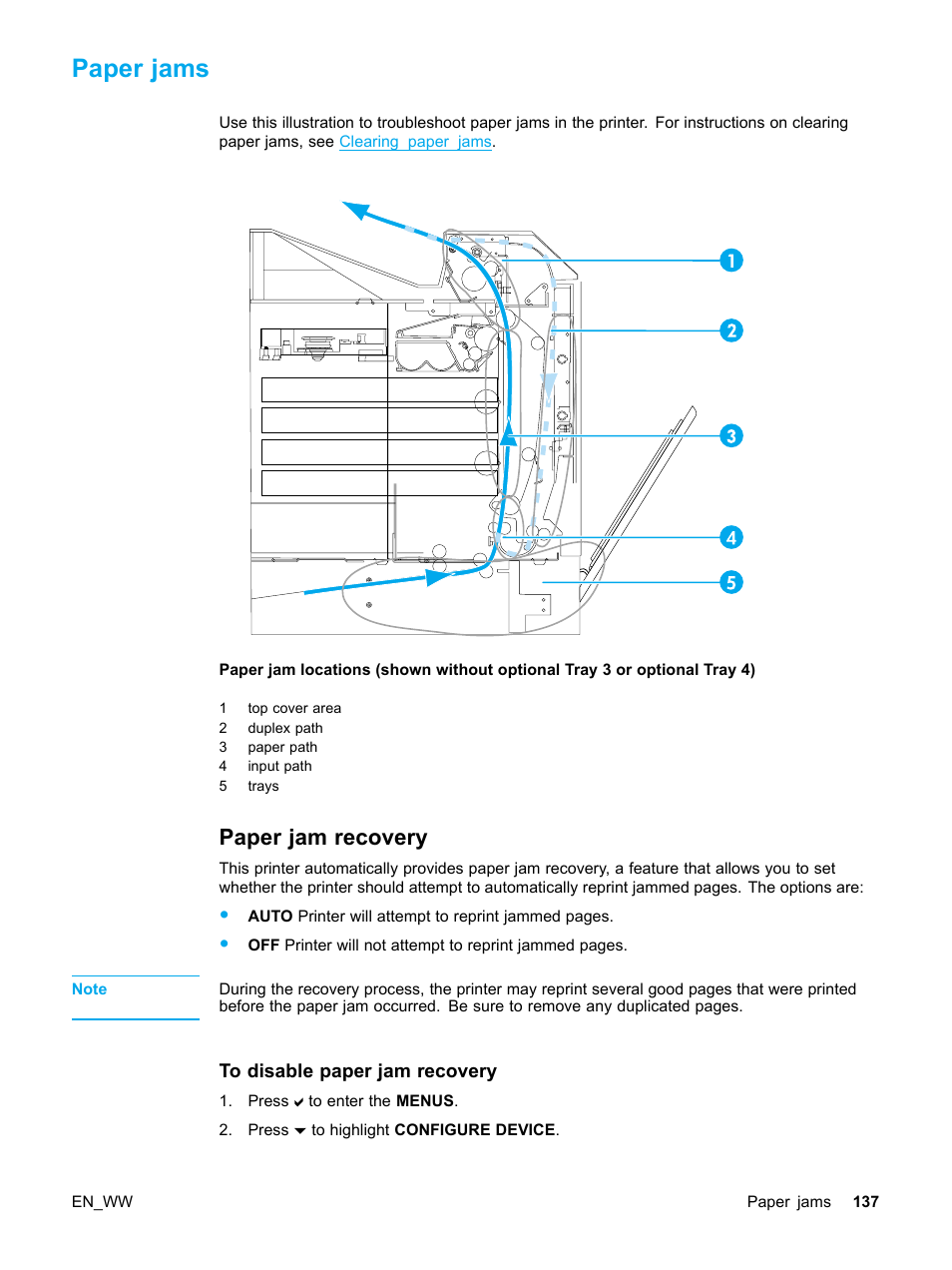 Paper jams, Paper jam recovery, To disable paper jam recovery | HP Color LaserJet 5500 Printer series User Manual | Page 147 / 224