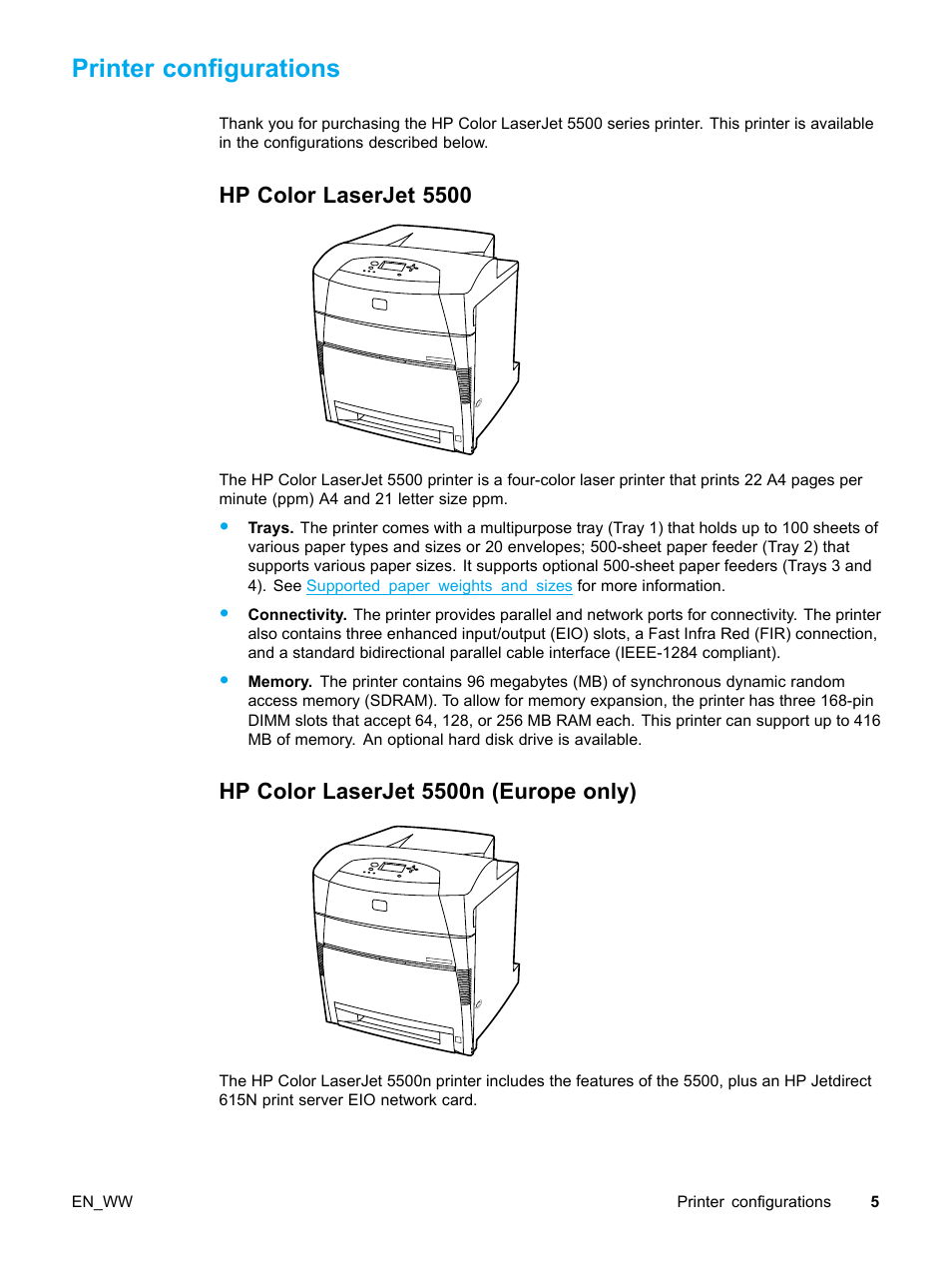Printer configurations, Hp color laserjet 5500, Hp color laserjet 5500n (europe only) | 5 hp color laserjet 5500n (europe only) | HP Color LaserJet 5500 Printer series User Manual | Page 15 / 224