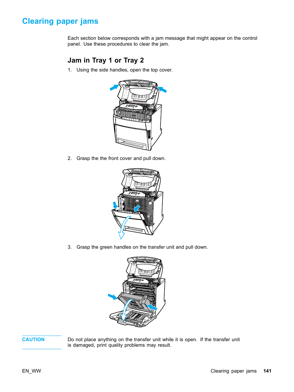 Clearing paper jams, Jam in tray 1 or tray 2 | HP Color LaserJet 5500 Printer series User Manual | Page 151 / 224