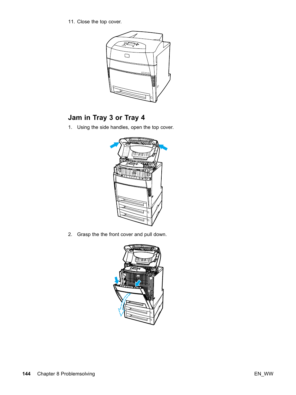 Jam in tray 3 or tray 4 | HP Color LaserJet 5500 Printer series User Manual | Page 154 / 224