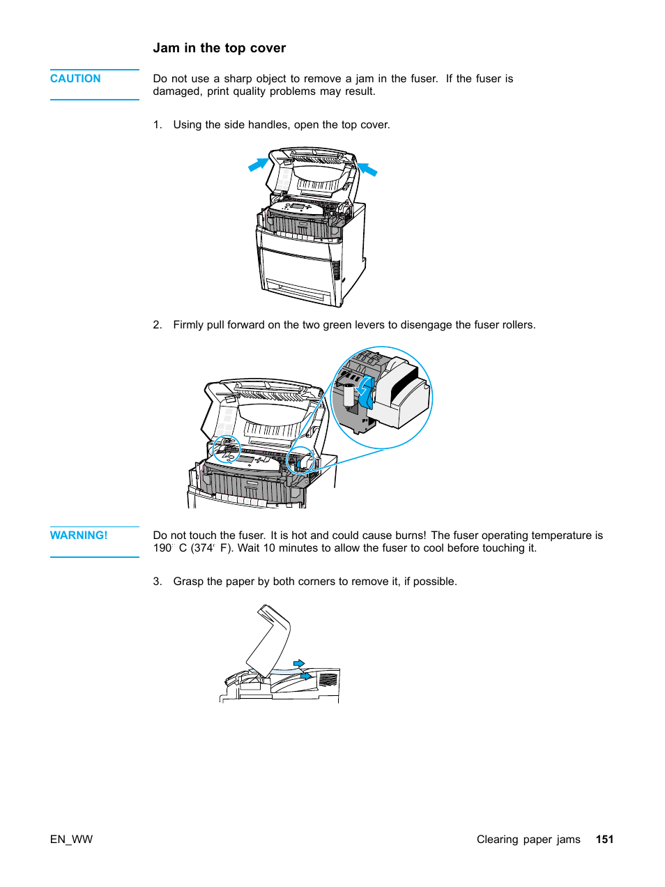 Jam in the top cover | HP Color LaserJet 5500 Printer series User Manual | Page 161 / 224