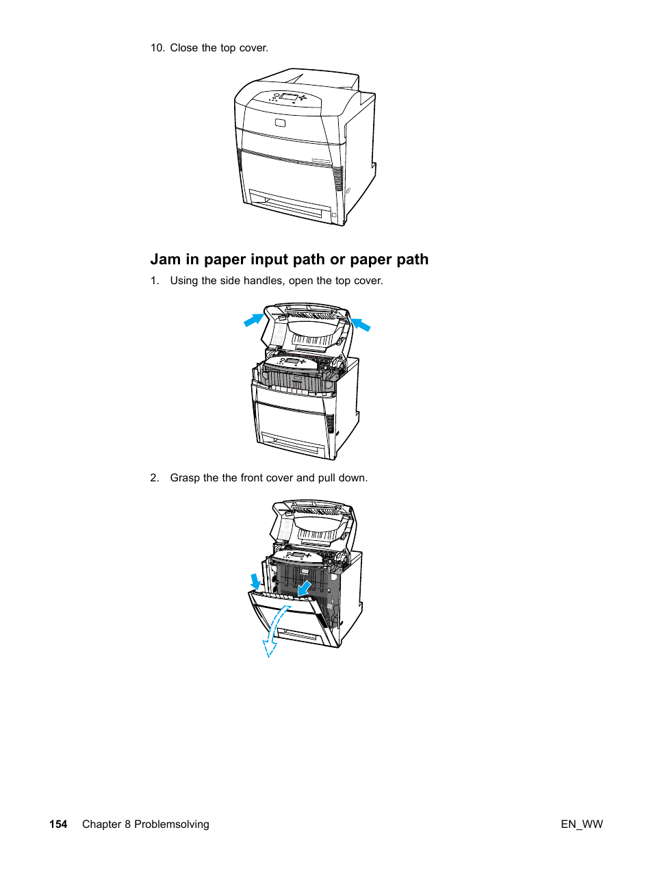 Jam in paper input path or paper path | HP Color LaserJet 5500 Printer series User Manual | Page 164 / 224