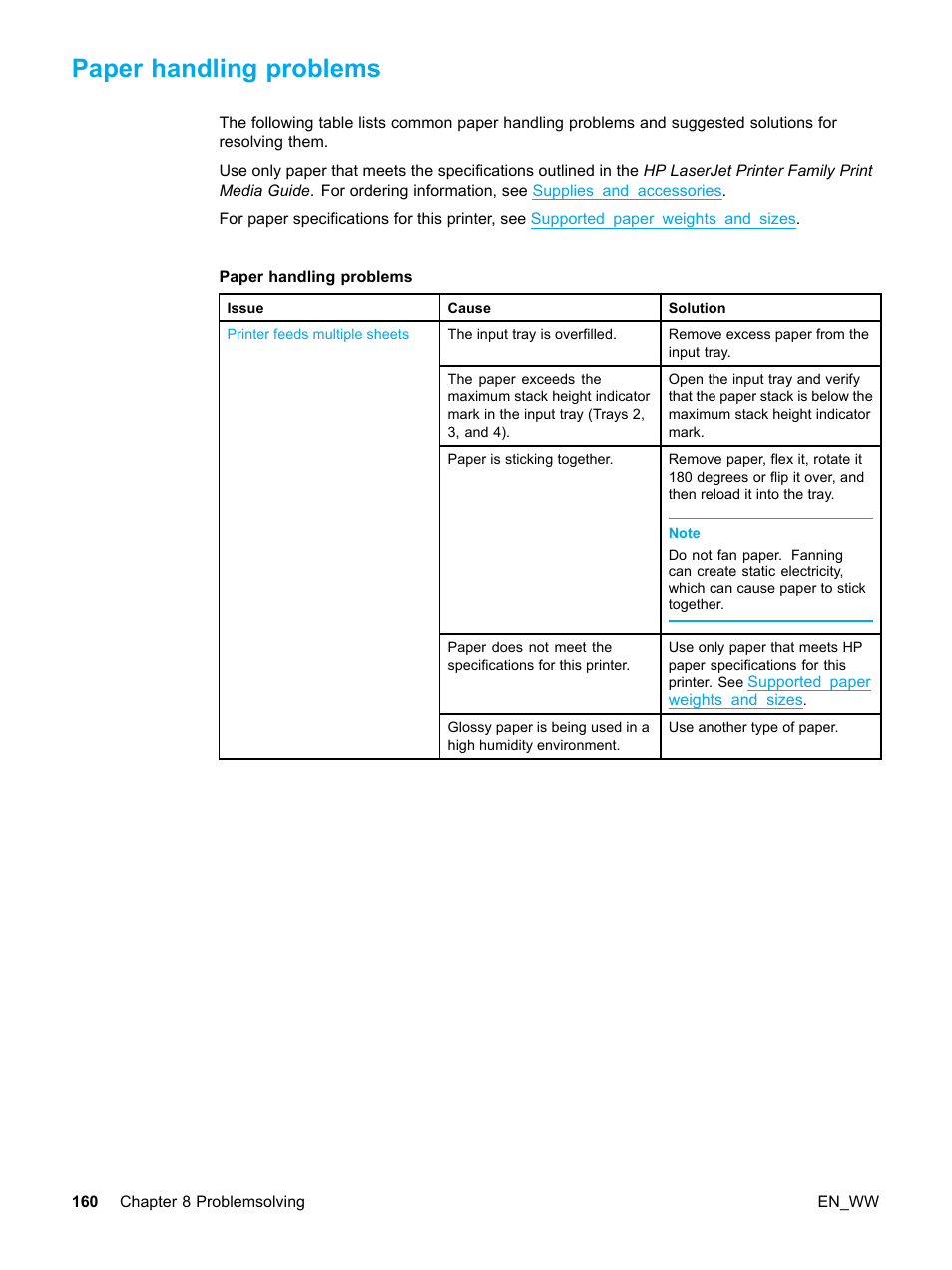 Paper handling problems | HP Color LaserJet 5500 Printer series User Manual | Page 170 / 224