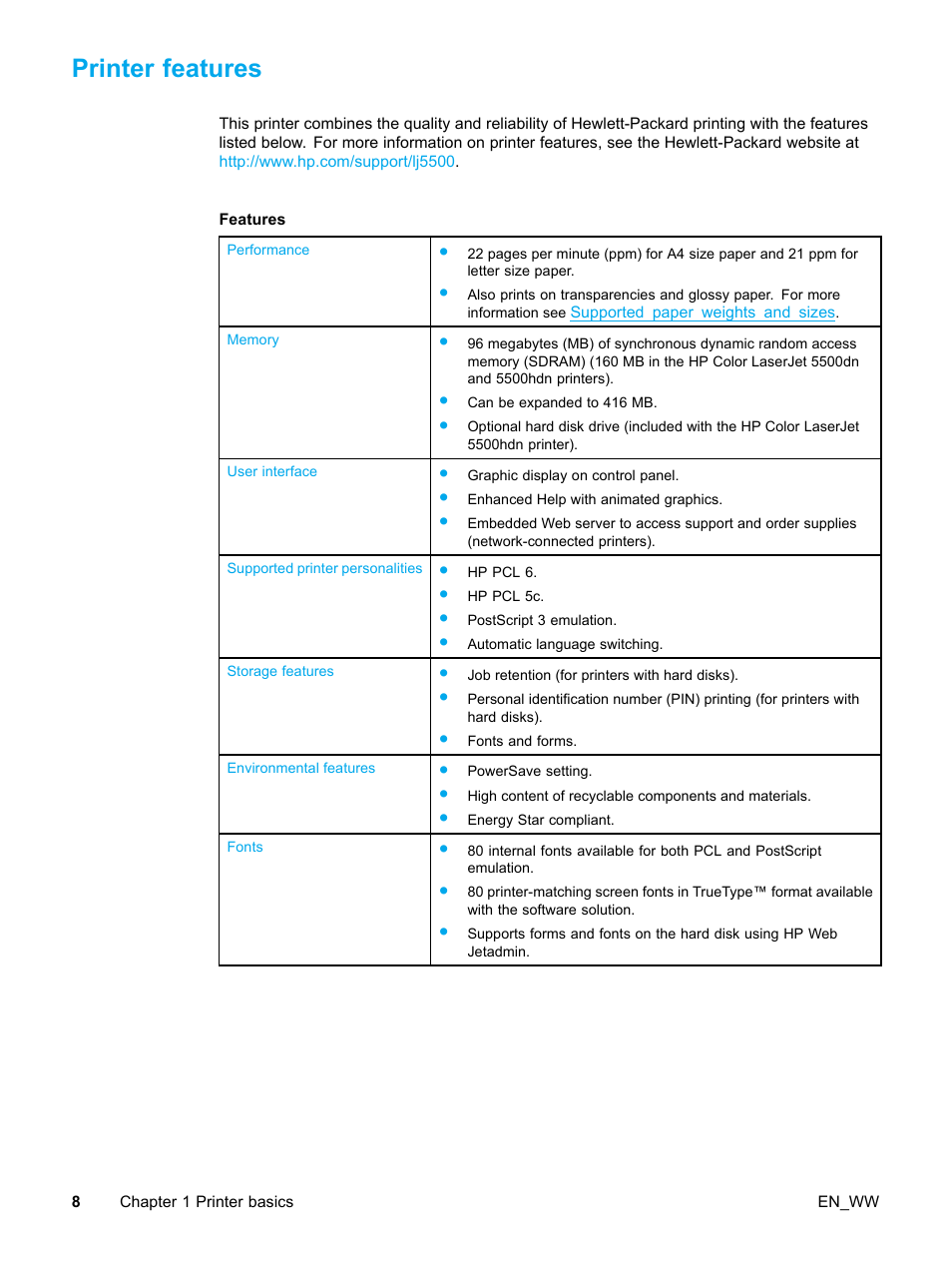 Printer features, Features | HP Color LaserJet 5500 Printer series User Manual | Page 18 / 224