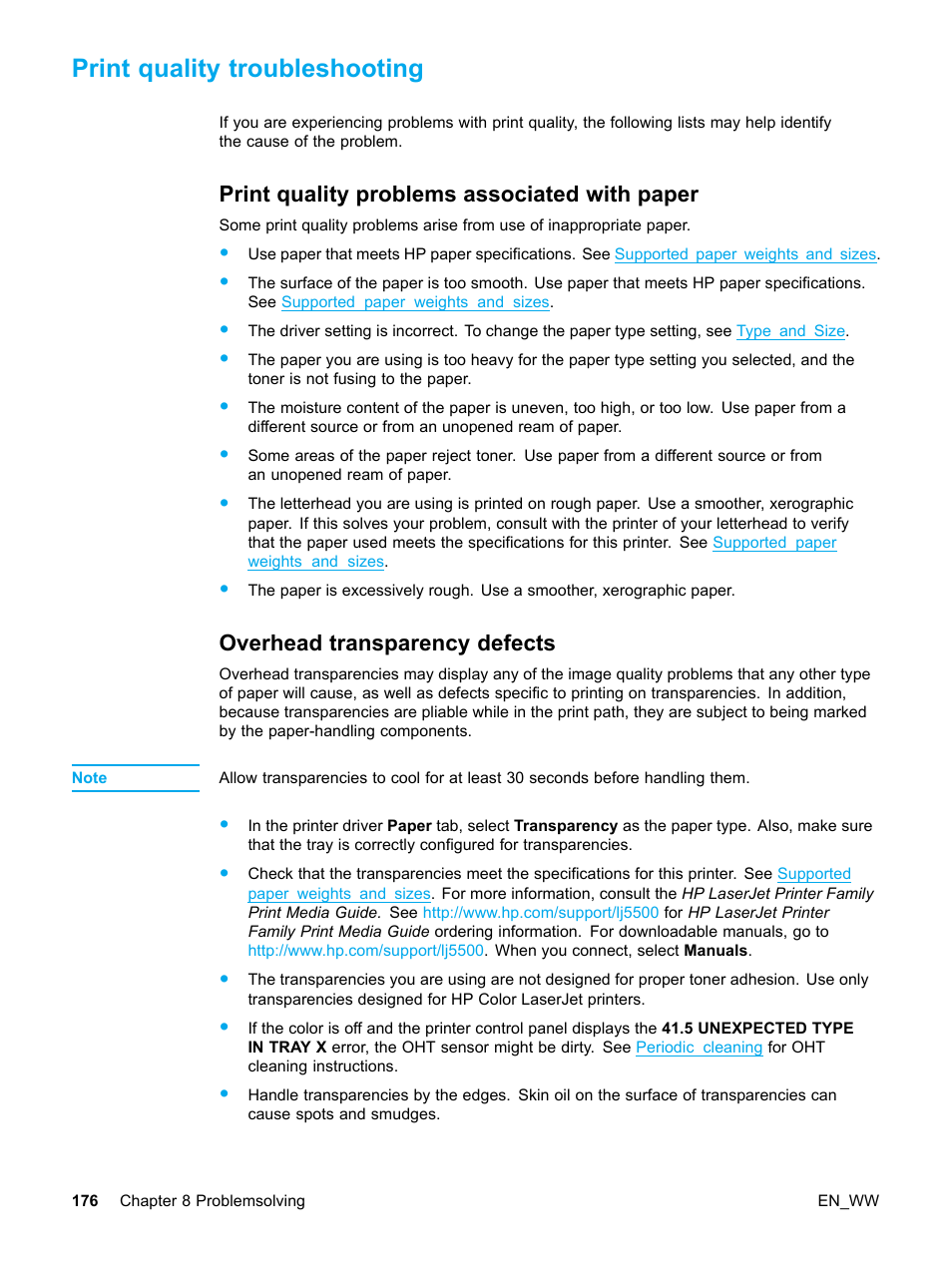 Print quality troubleshooting, Print quality problems associated with paper, Overhead transparency defects | 176 overhead transparency defects, Print | HP Color LaserJet 5500 Printer series User Manual | Page 186 / 224