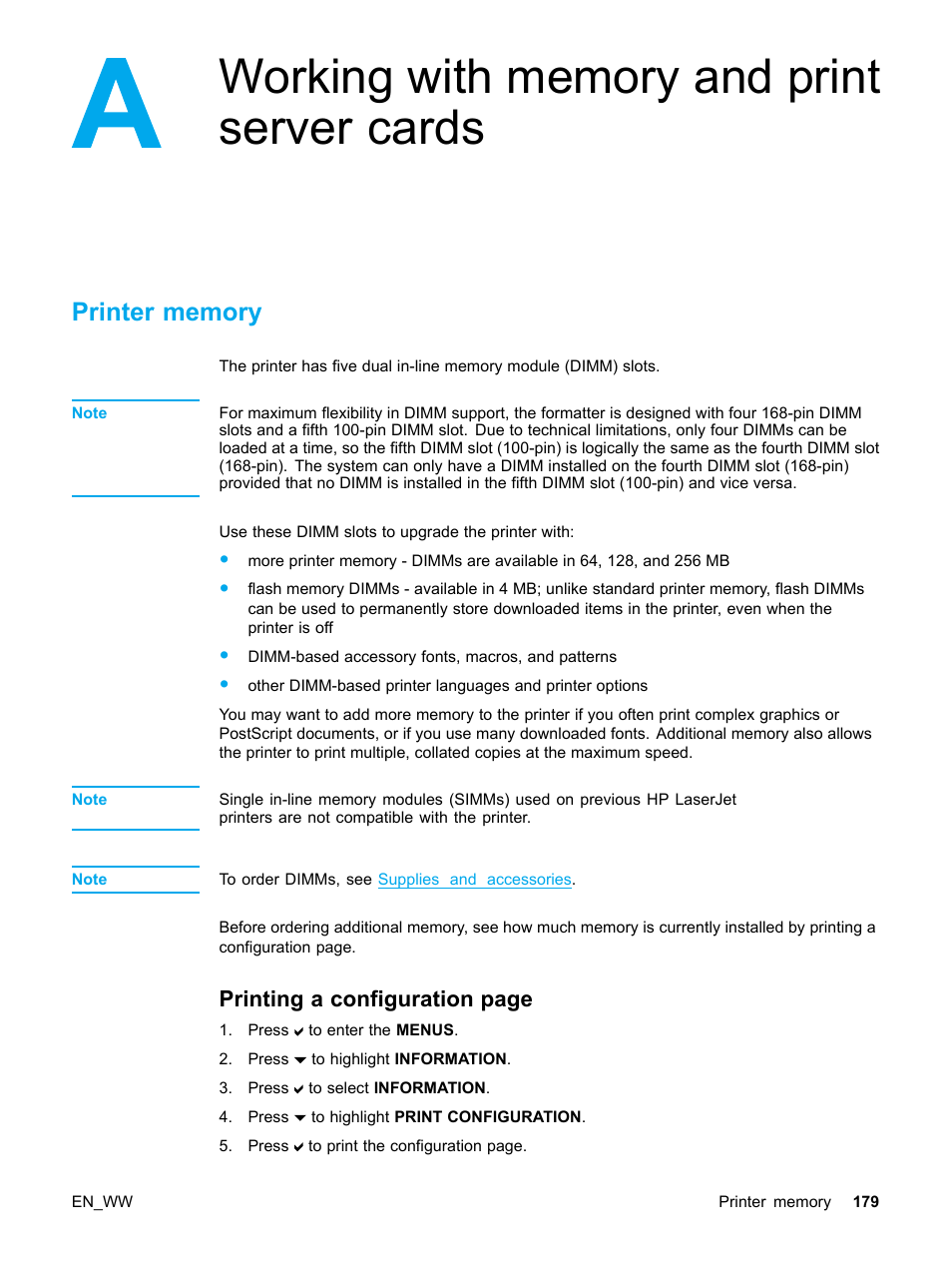 Printer memory, Printing a configuration page | HP Color LaserJet 5500 Printer series User Manual | Page 189 / 224
