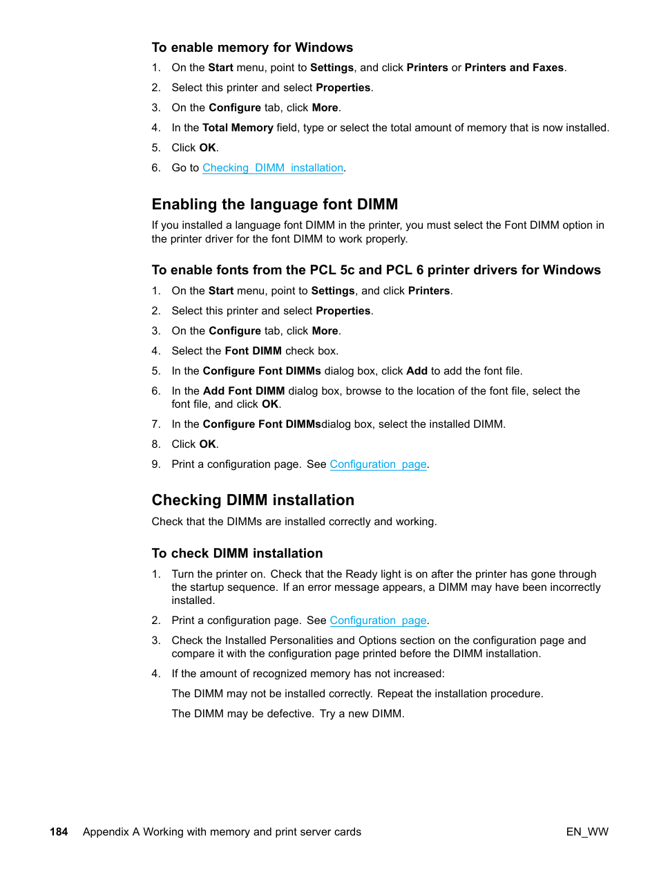 To enable memory for windows, Enabling the language font dimm, Checking dimm installation | To check dimm installation, 184 checking dimm installation | HP Color LaserJet 5500 Printer series User Manual | Page 194 / 224