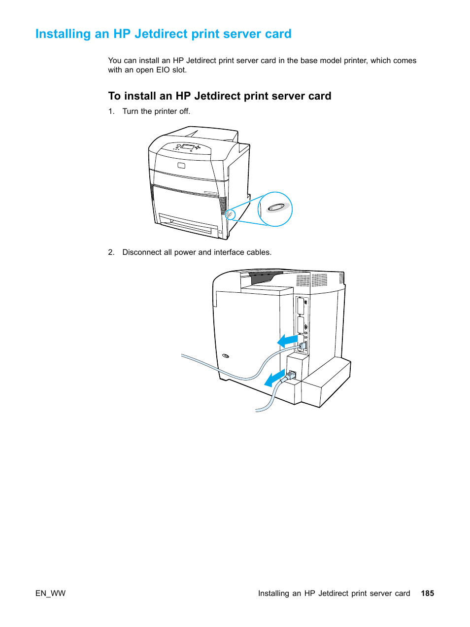 Installing an hp jetdirect print server card, To install an hp jetdirect print server card | HP Color LaserJet 5500 Printer series User Manual | Page 195 / 224