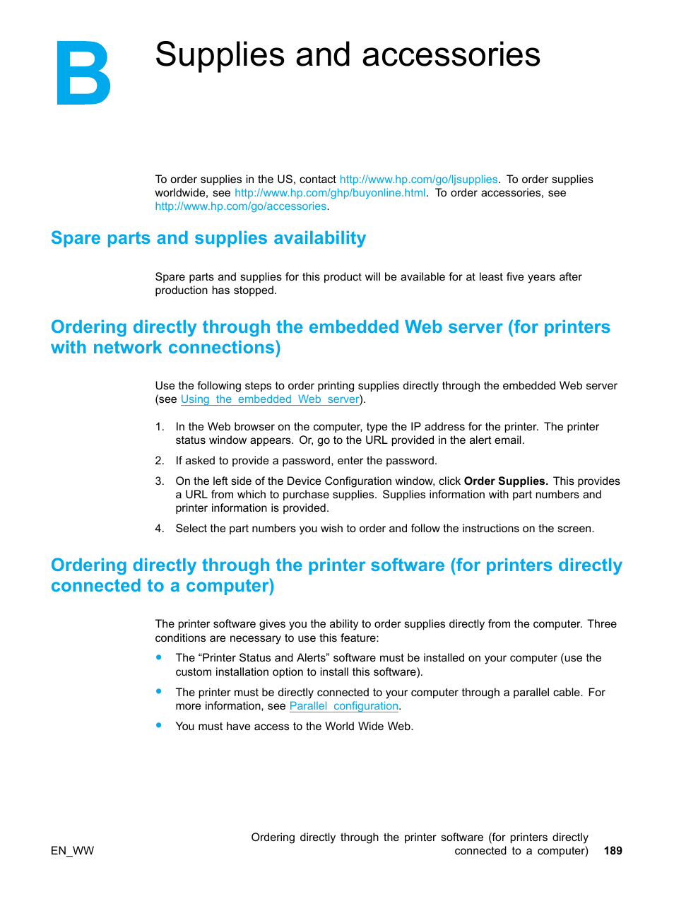 Spare parts and supplies availability, Appendix b supplies and accessories, 189 ordering directly | Supplies and accessories | HP Color LaserJet 5500 Printer series User Manual | Page 199 / 224