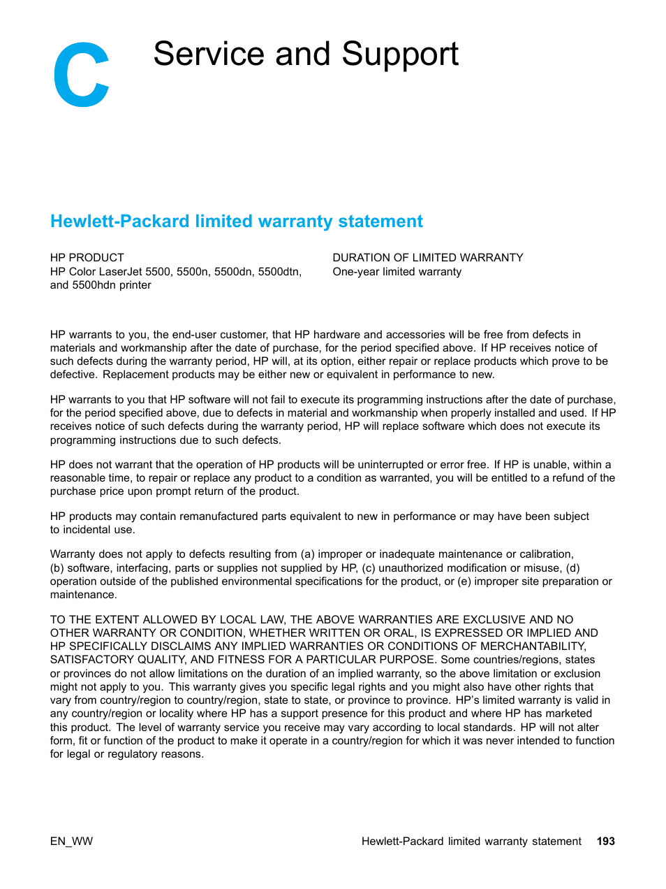 Hewlett-packard limited warranty statement, Appendix c service and support, Service and support | HP Color LaserJet 5500 Printer series User Manual | Page 203 / 224