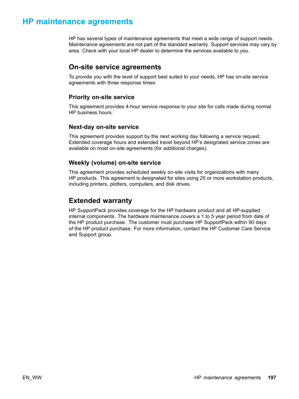 Hp maintenance agreements, On-site service agreements, Priority on-site service | Next-day on-site service, Weekly (volume) on-site service, Extended warranty, 197 extended warranty | HP Color LaserJet 5500 Printer series User Manual | Page 207 / 224