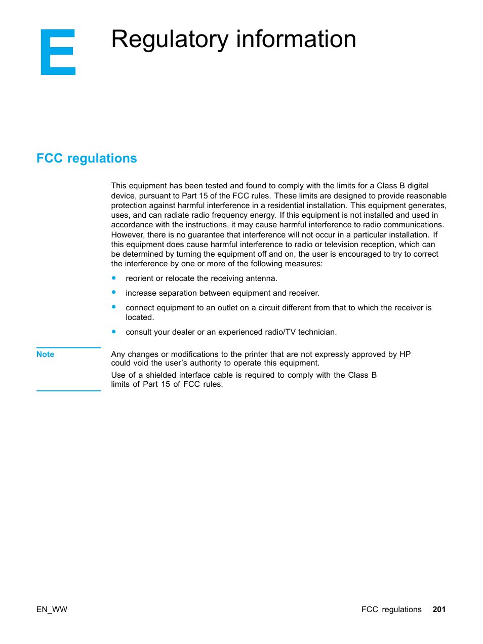 Fcc regulations, Appendix e regulatory information, Regulatory information | HP Color LaserJet 5500 Printer series User Manual | Page 211 / 224