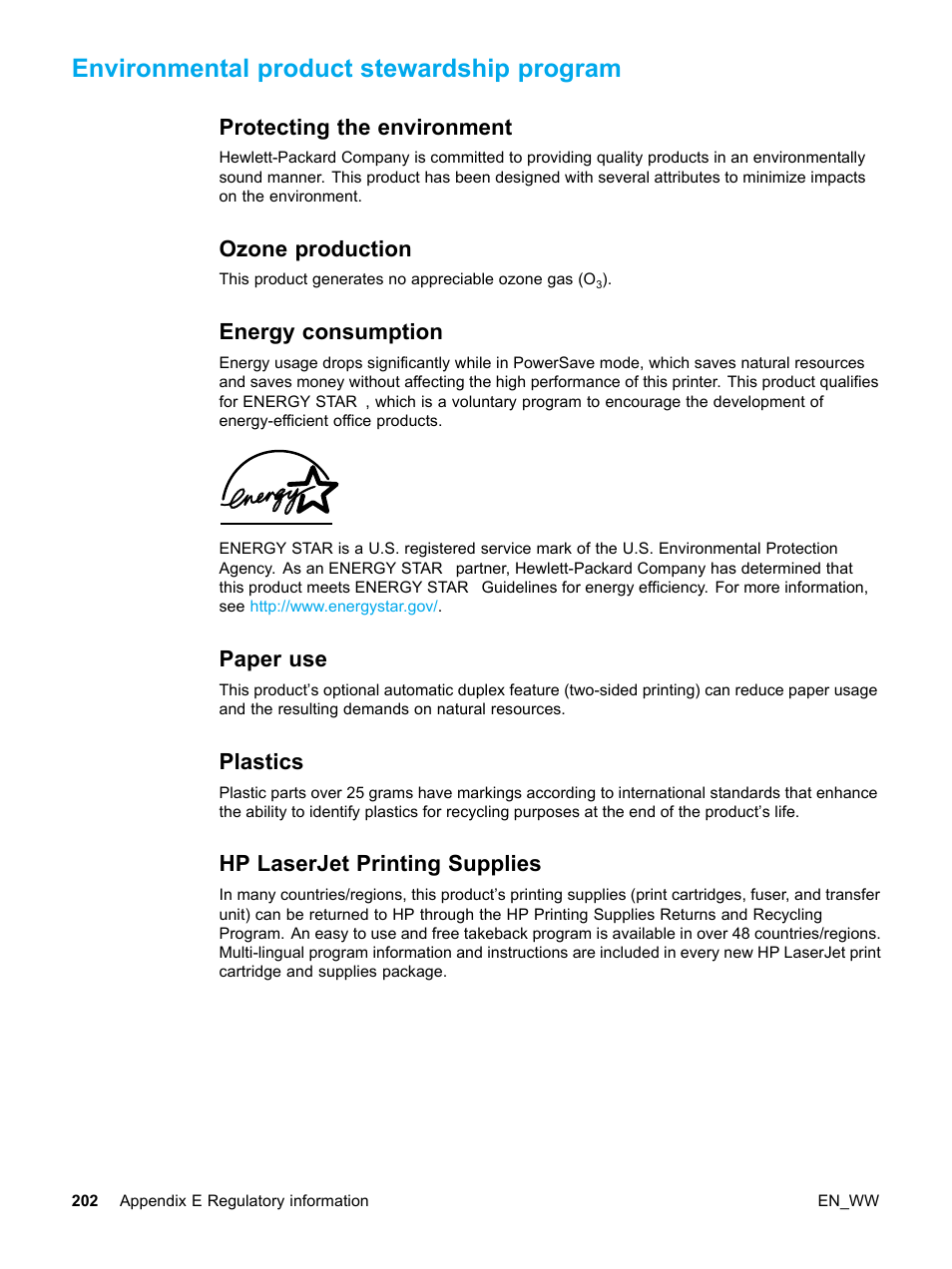 Environmental product stewardship program, Protecting the environment, 202 ozone production | 202 energy consumption, 202 paper use, 202 plastics, 202 hp laserjet printing supplies, Ozone production, Energy consumption, Paper use | HP Color LaserJet 5500 Printer series User Manual | Page 212 / 224