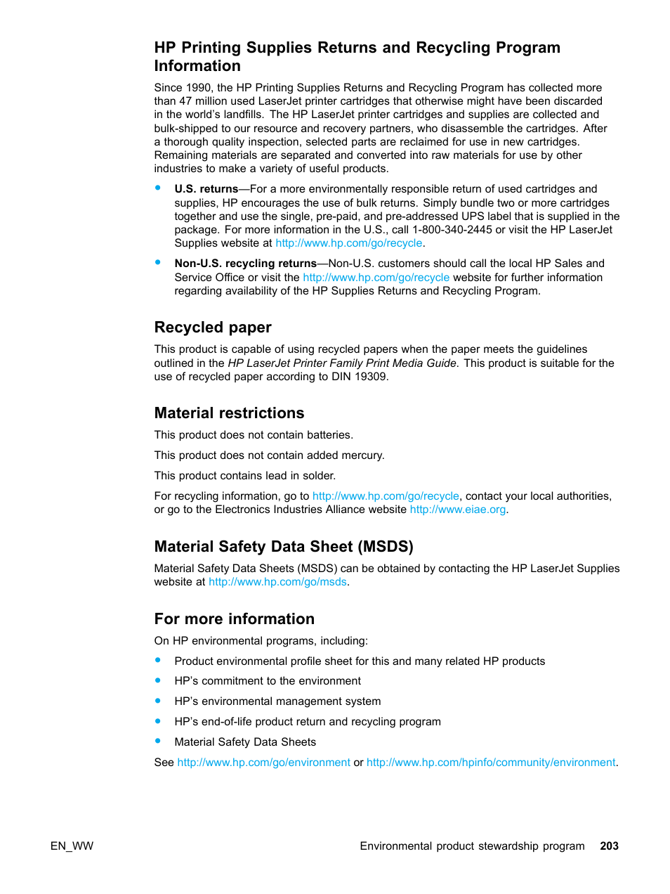 203 recycled paper, 203 material restrictions, 203 material safety data sheet (msds) | 203 for more information, Recycled paper, Material restrictions, Material safety data sheet (msds), For more information | HP Color LaserJet 5500 Printer series User Manual | Page 213 / 224