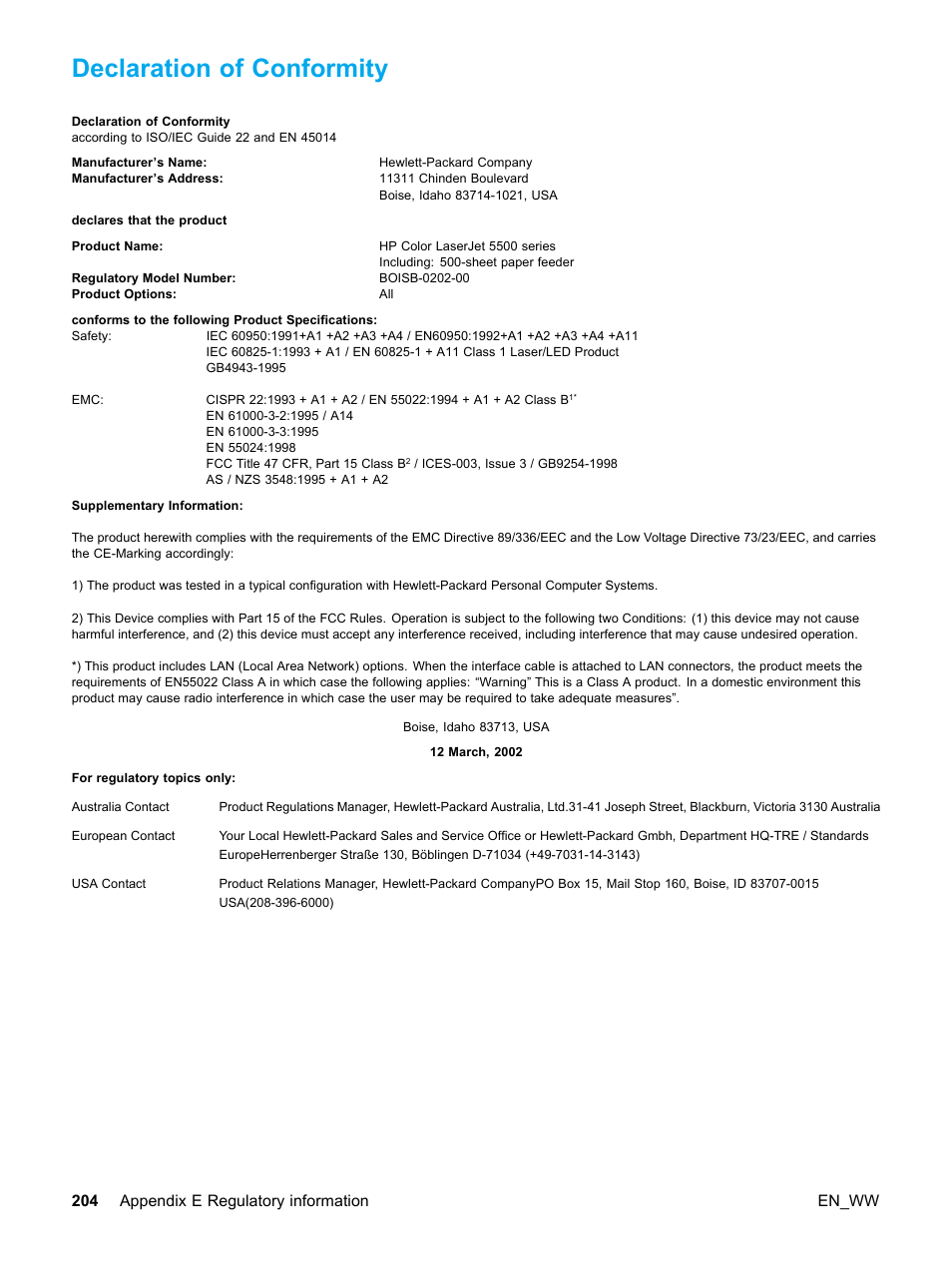 Declaration of conformity | HP Color LaserJet 5500 Printer series User Manual | Page 214 / 224