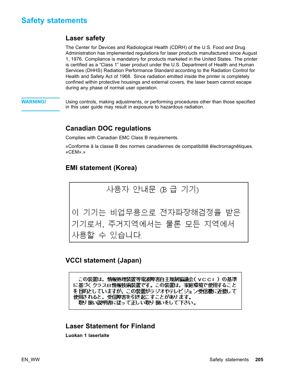 Safety statements, Laser safety, Canadian doc regulations | Emi statement (korea), Vcci statement (japan), Laser statement for finland, 205 canadian doc regulations, 205 emi statement (korea), 205 vcci statement (japan), 205 laser statement for finland | HP Color LaserJet 5500 Printer series User Manual | Page 215 / 224