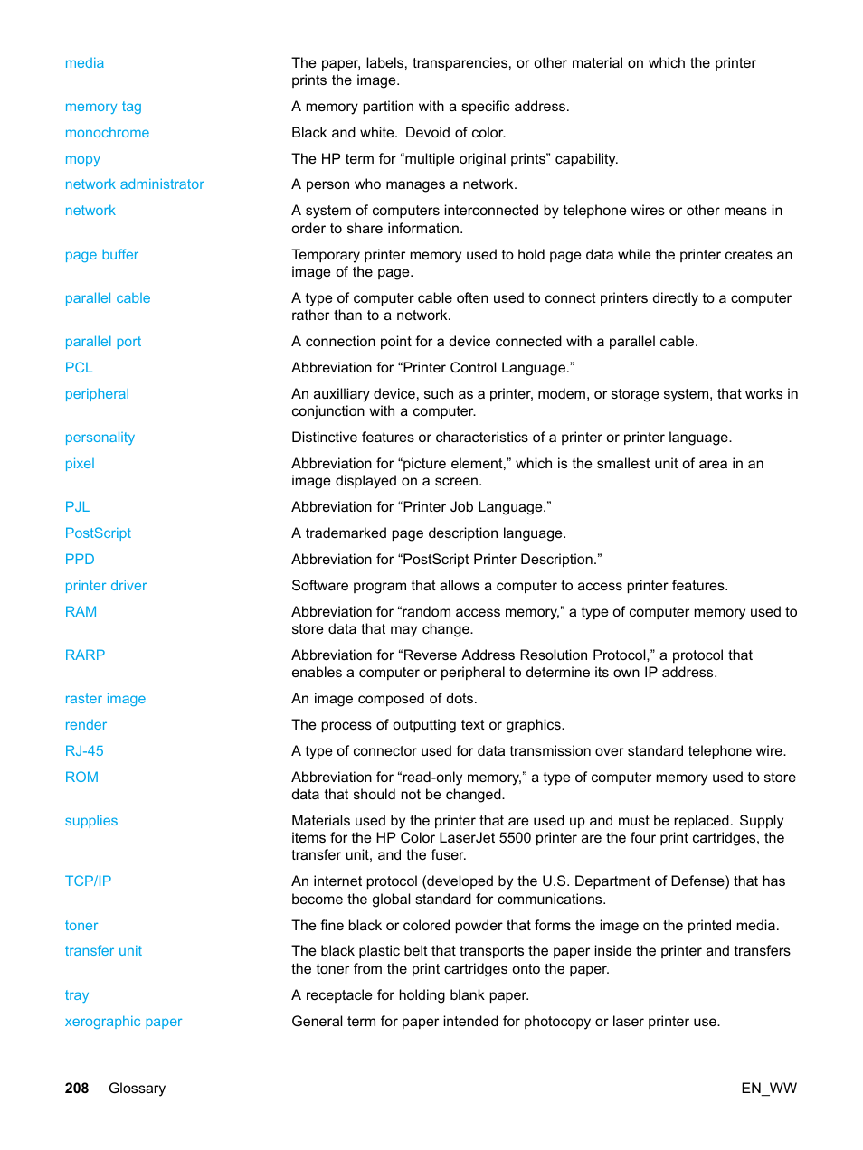 HP Color LaserJet 5500 Printer series User Manual | Page 218 / 224