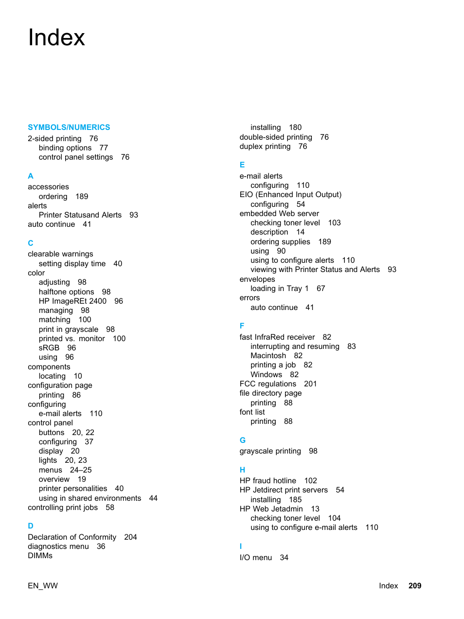 Index | HP Color LaserJet 5500 Printer series User Manual | Page 219 / 224