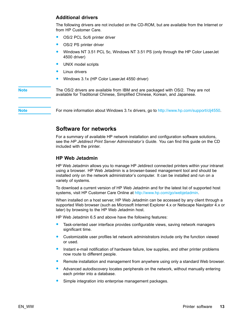 Additional drivers, Software for networks, Hp web jetadmin | HP Color LaserJet 5500 Printer series User Manual | Page 23 / 224