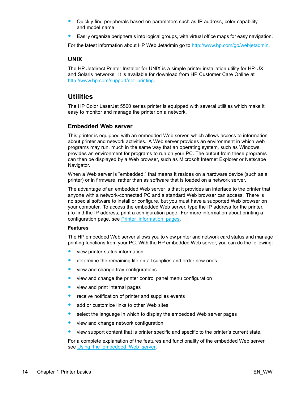 Unix, Utilities, Embedded web server | Features | HP Color LaserJet 5500 Printer series User Manual | Page 24 / 224