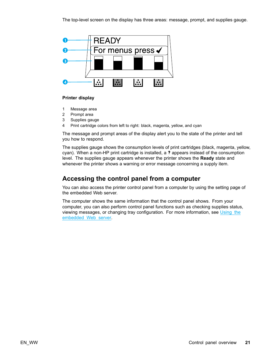 Accessing the control panel from a computer | HP Color LaserJet 5500 Printer series User Manual | Page 31 / 224