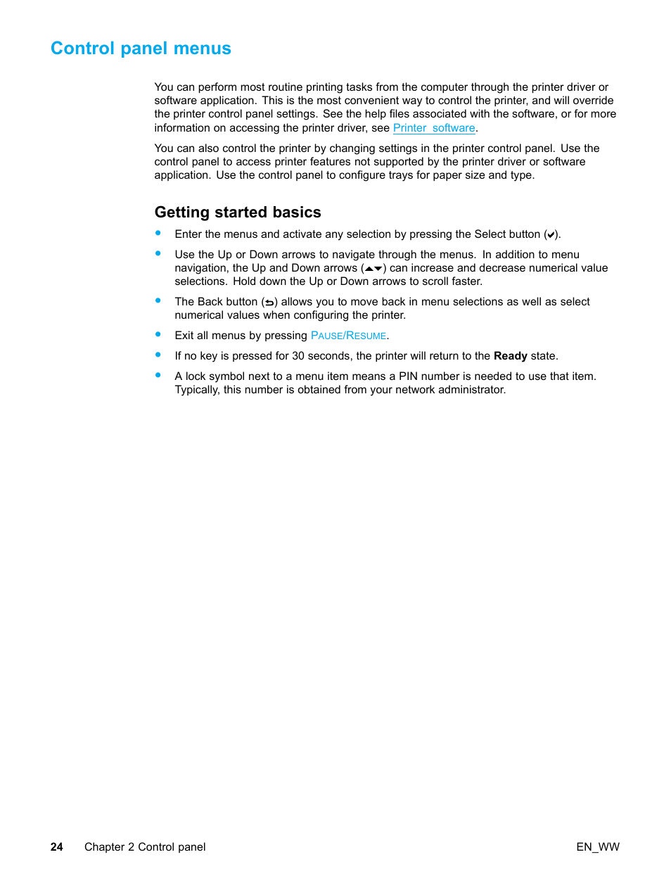 Control panel menus, Getting started basics | HP Color LaserJet 5500 Printer series User Manual | Page 34 / 224