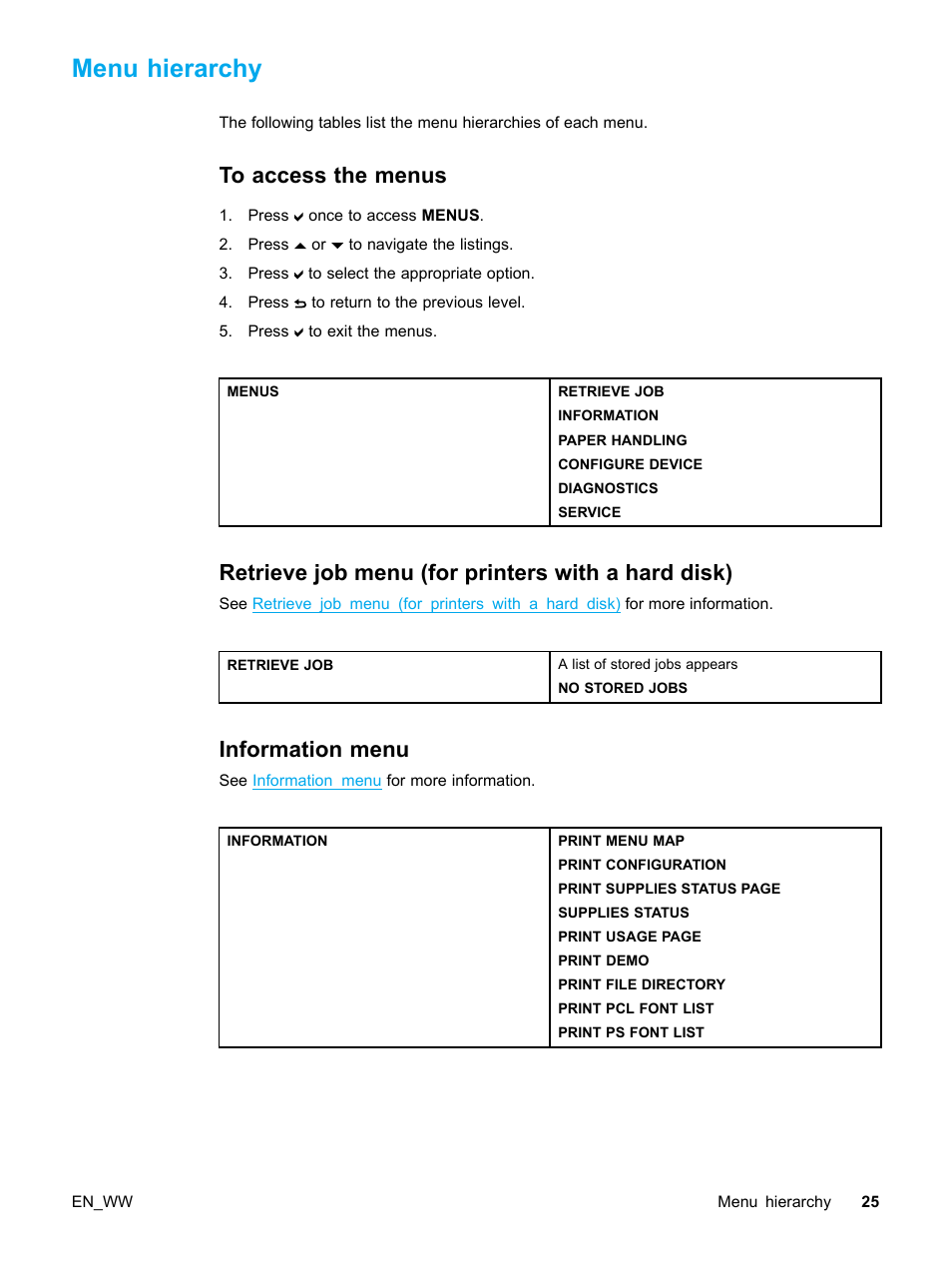 Menu hierarchy, To access the menus, Retrieve job menu (for printers with a hard disk) | Information menu, 25 information menu | HP Color LaserJet 5500 Printer series User Manual | Page 35 / 224