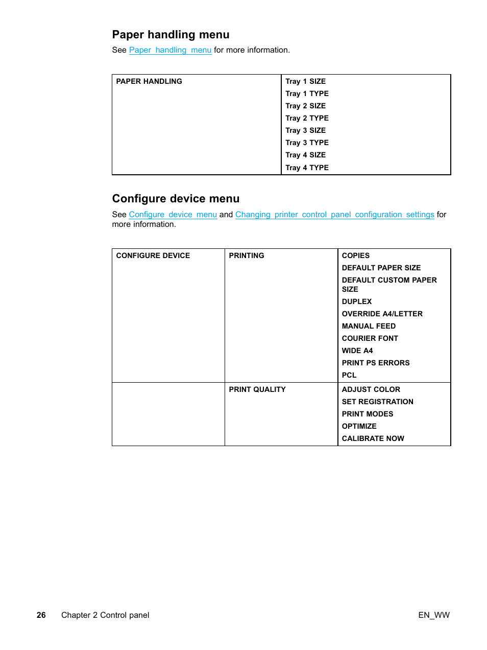 Paper handling menu, Configure device menu, 26 configure device menu | HP Color LaserJet 5500 Printer series User Manual | Page 36 / 224