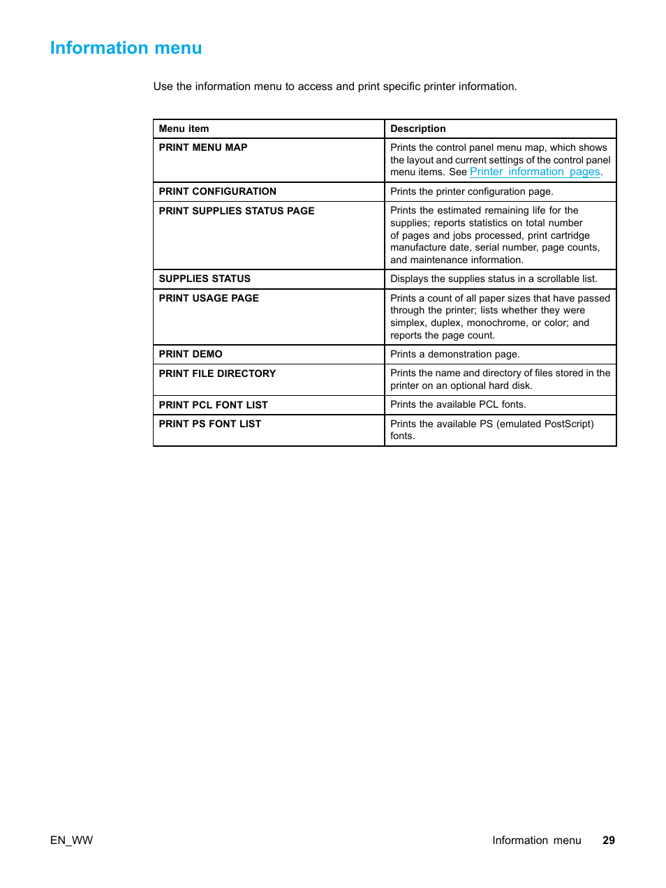 Information menu | HP Color LaserJet 5500 Printer series User Manual | Page 39 / 224