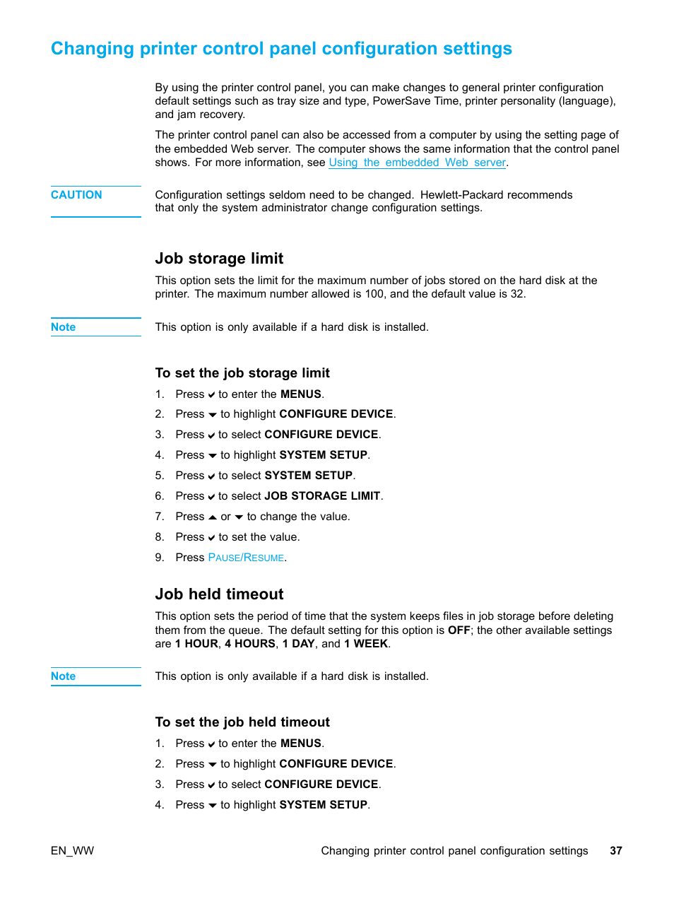 Job storage limit, To set the job storage limit, Job held timeout | To set the job held timeout, 37 job held timeout | HP Color LaserJet 5500 Printer series User Manual | Page 47 / 224