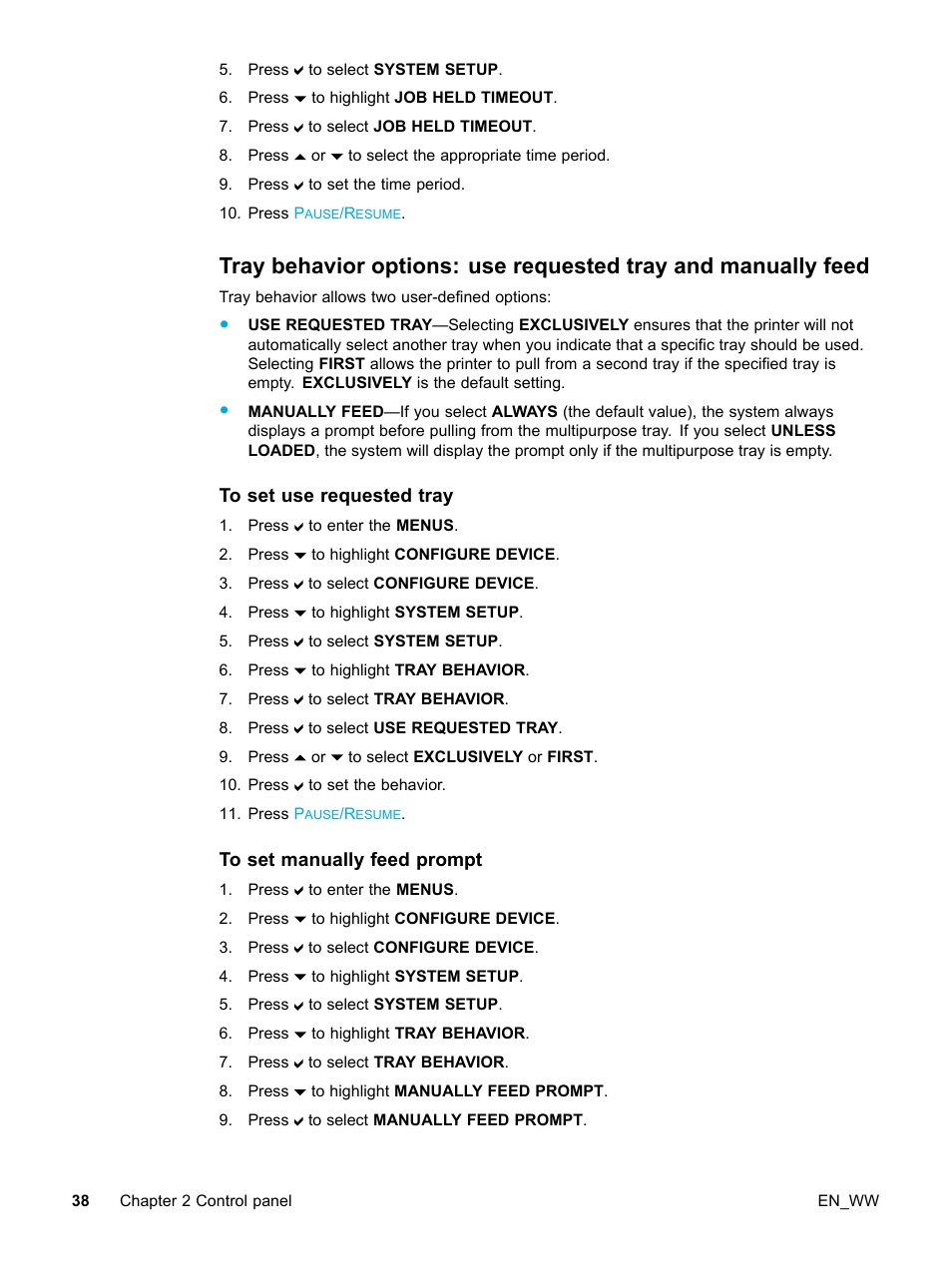 To set use requested tray, To set manually feed prompt, Tray behavior o | HP Color LaserJet 5500 Printer series User Manual | Page 48 / 224