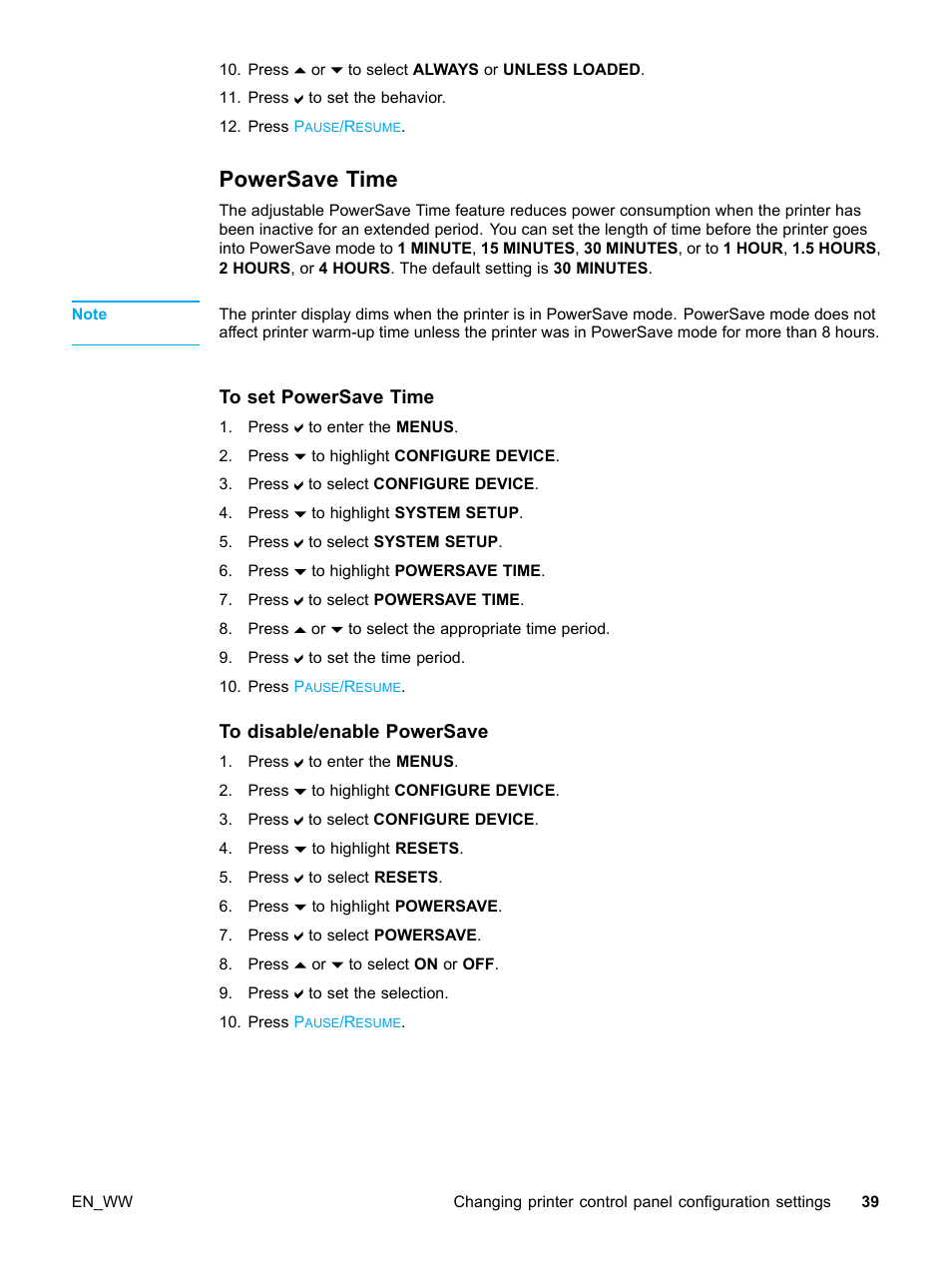 Powersave time, To set powersave time, To disable/enable powersave | HP Color LaserJet 5500 Printer series User Manual | Page 49 / 224