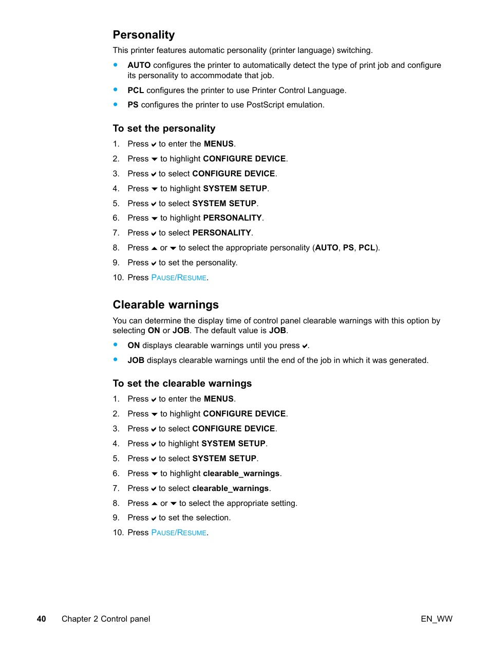 Personality, To set the personality, Clearable warnings | To set the clearable warnings, 40 clearable warnings | HP Color LaserJet 5500 Printer series User Manual | Page 50 / 224