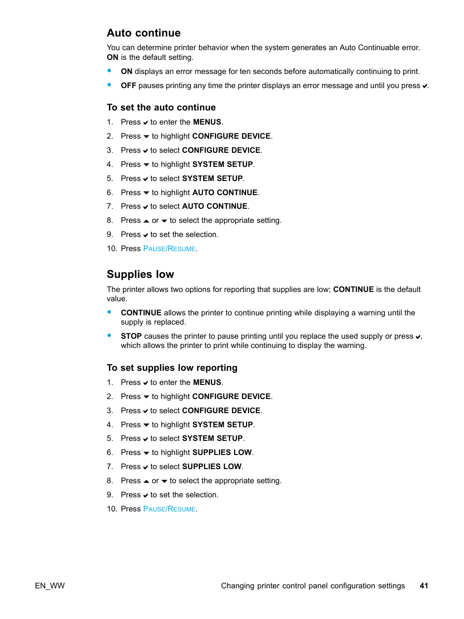 Auto continue, To set the auto continue, Supplies low | To set supplies low reporting, 41 supplies low | HP Color LaserJet 5500 Printer series User Manual | Page 51 / 224