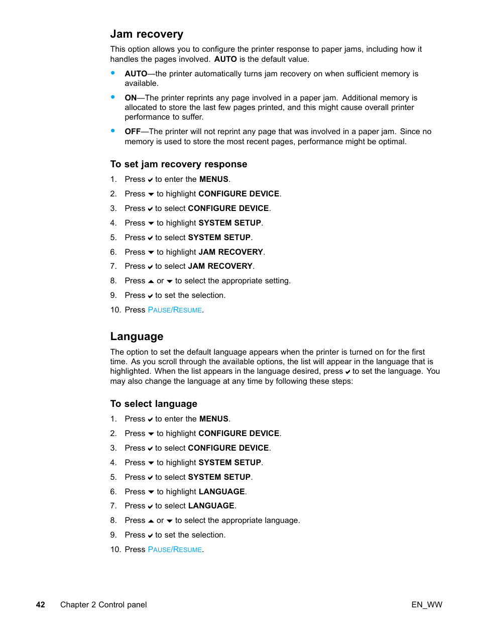 Jam recovery, To set jam recovery response, Language | To select language, 42 language | HP Color LaserJet 5500 Printer series User Manual | Page 52 / 224