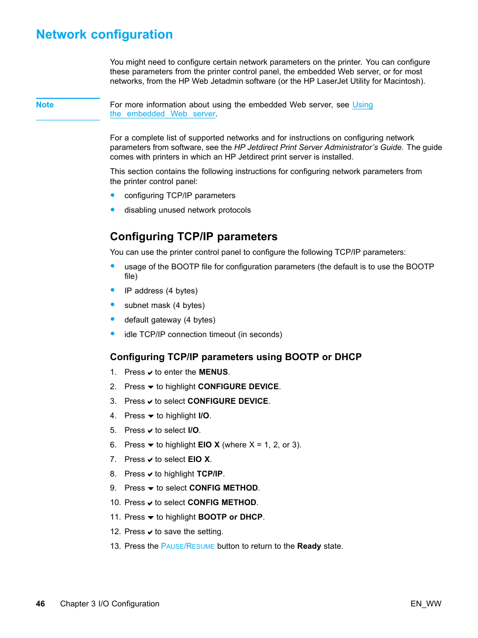 Network configuration, Configuring tcp/ip parameters, Configuring tcp/ip parameters using bootp or dhcp | HP Color LaserJet 5500 Printer series User Manual | Page 56 / 224