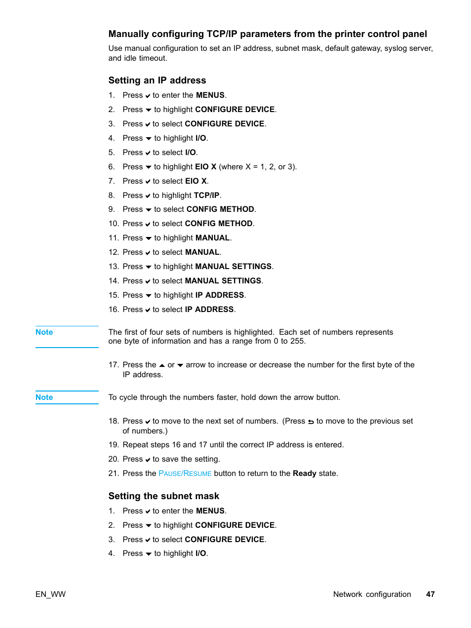 Setting an ip address, Setting the subnet mask | HP Color LaserJet 5500 Printer series User Manual | Page 57 / 224