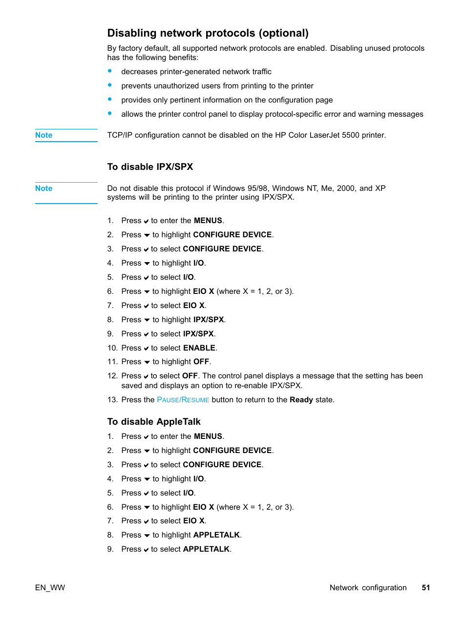Disabling network protocols (optional), To disable ipx/spx, To disable appletalk | HP Color LaserJet 5500 Printer series User Manual | Page 61 / 224