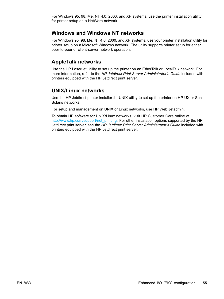 Windows and windows nt networks, Appletalk networks, Unix/linux networks | 55 appletalk networks, 55 unix/linux networks | HP Color LaserJet 5500 Printer series User Manual | Page 65 / 224