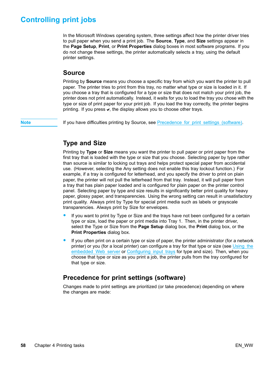 Controlling print jobs, Source, Type and size | Precedence for print settings (software), 58 type and size, 58 precedence for print settings (software) | HP Color LaserJet 5500 Printer series User Manual | Page 68 / 224