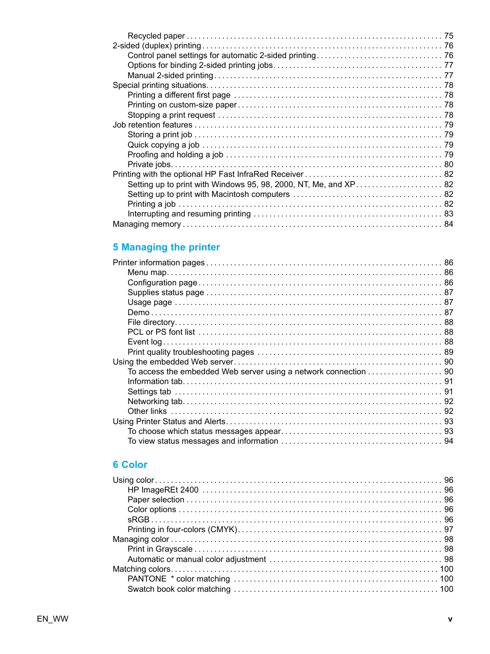 5 managing the printer, 6 color | HP Color LaserJet 5500 Printer series User Manual | Page 7 / 224